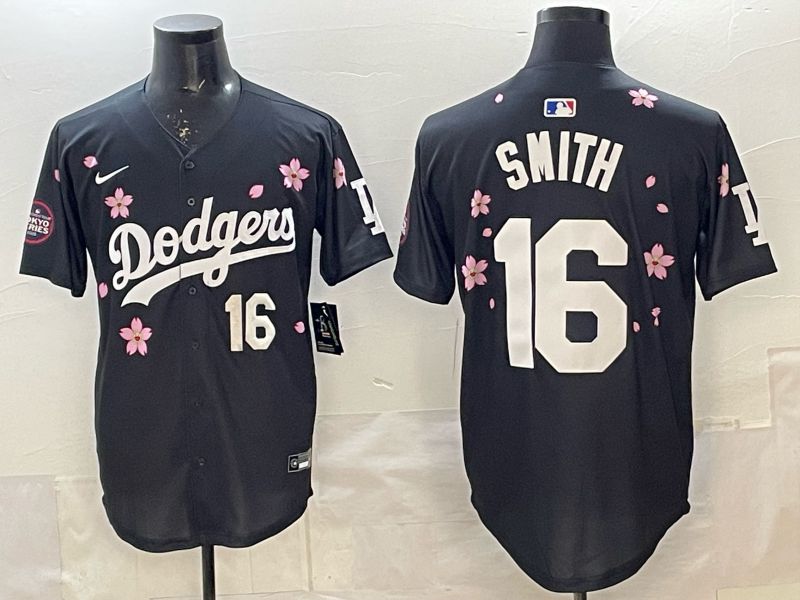 Men Los Angeles Dodgers #16 Smith Black Sakura Edition 2025 Nike MLB Jersey style 4